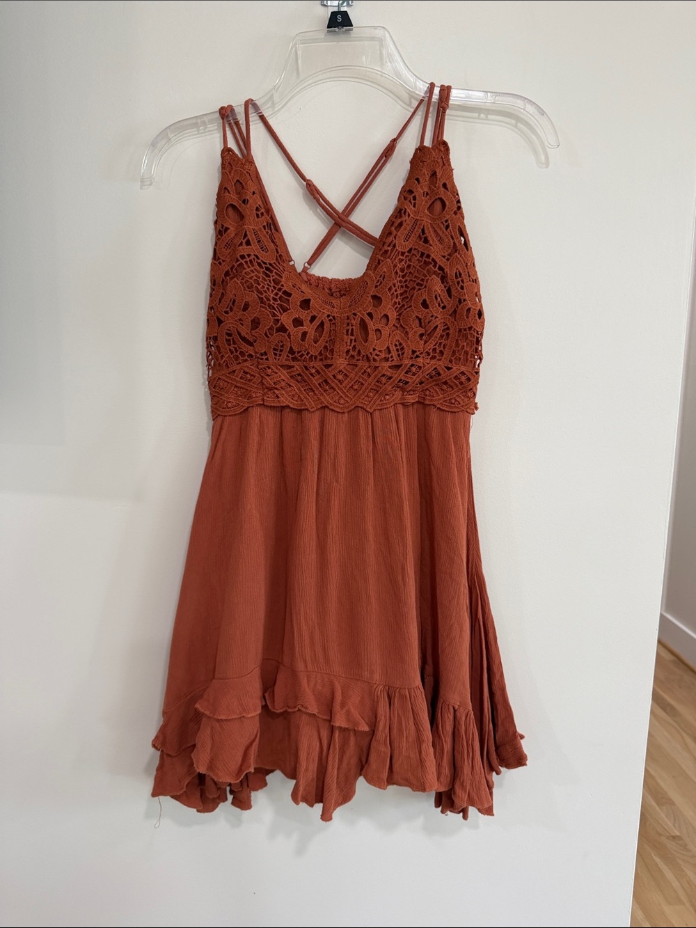 Chelsea & Violet Crochet Bodice Mini Dress in Rust